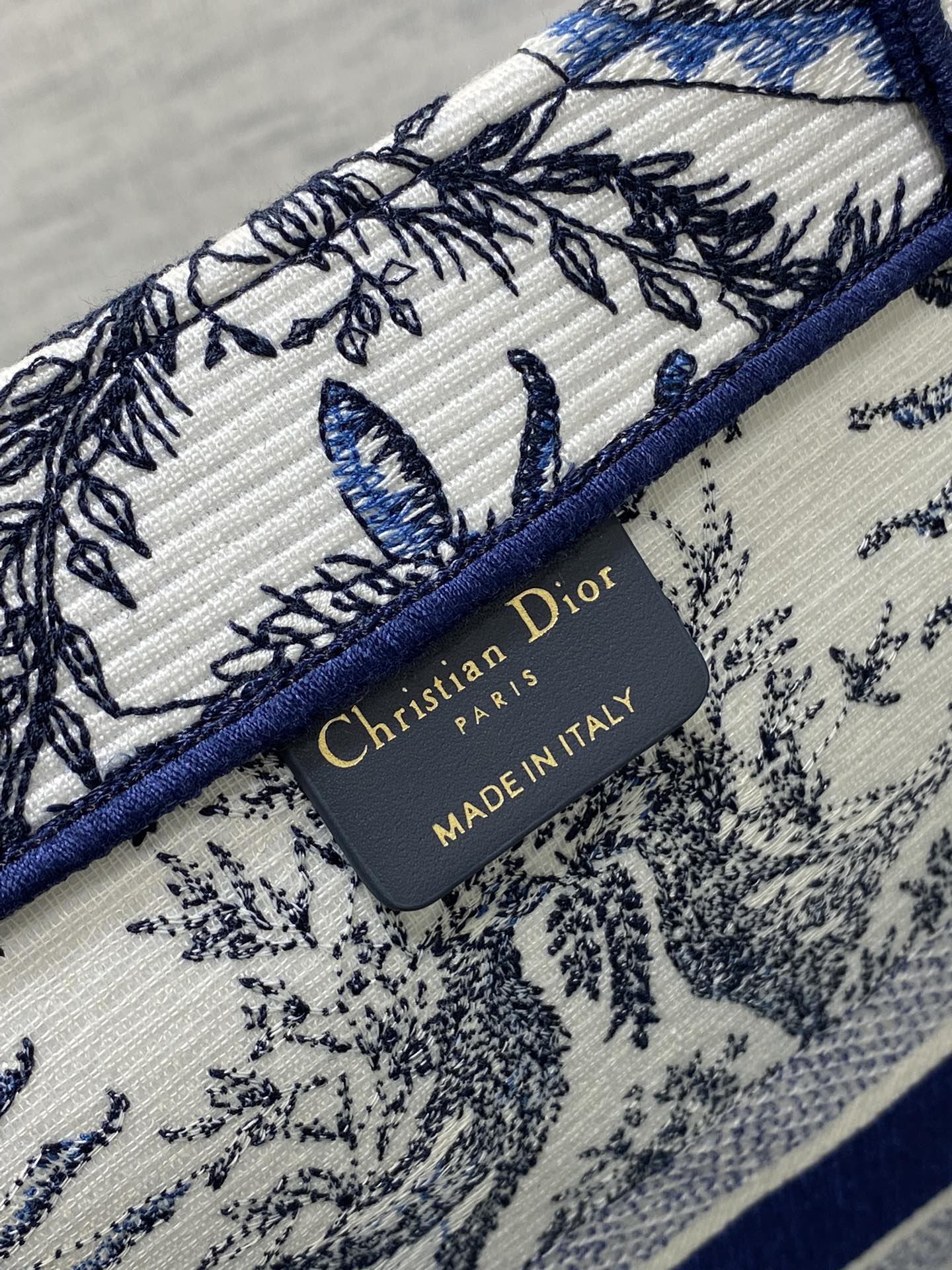 Large Dior Book Tote Bag White and Navy Blue Toile de Jouy Soleil Embroidery